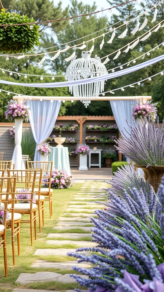 A beautifully arranged lavender-themed garden event with chairs, decorations, and flowers.