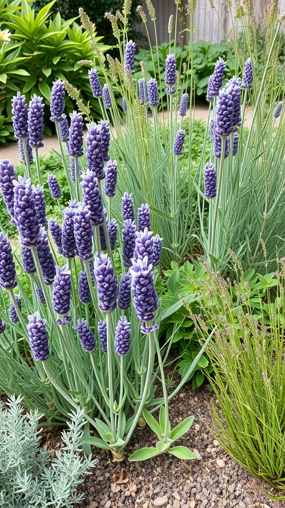 Lavender plants in a garden, showcasing purple flowers and green foliage.
