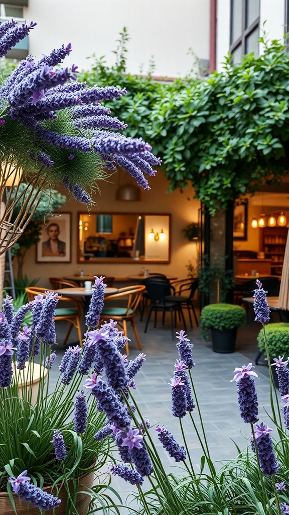 Outdoor dining space with lavender plants in pots, featuring a cozy seating area in the background.