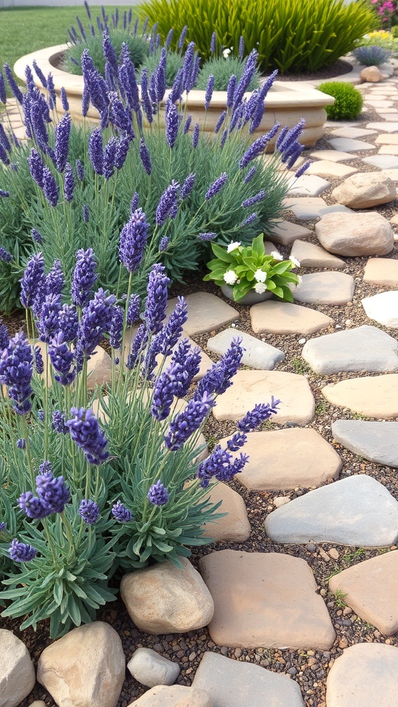 Lavender plants growing alongside a stone pathway in a garden