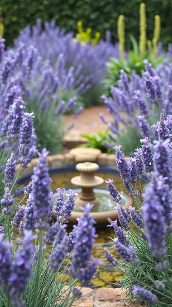 A lavender garden with a fountain in the center surrounded by blooming lavender plants.