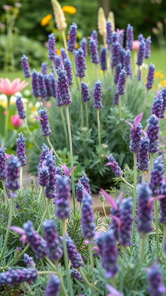 A vibrant display of lavender flowers in a garden setting, surrounded by colorful blooms.
