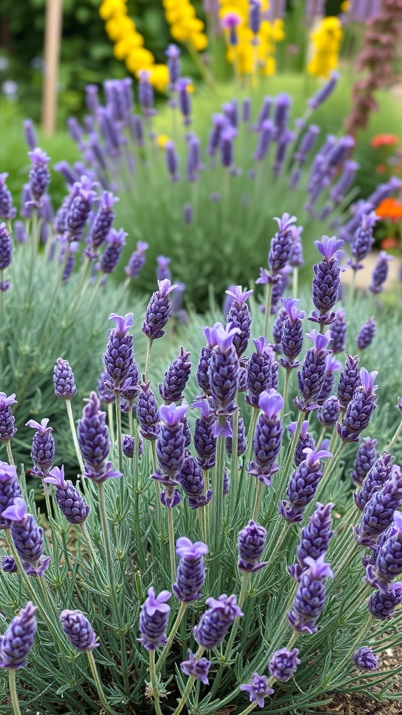Lavender flowers in a garden, showcasing their vibrant purple color and lush green foliage.