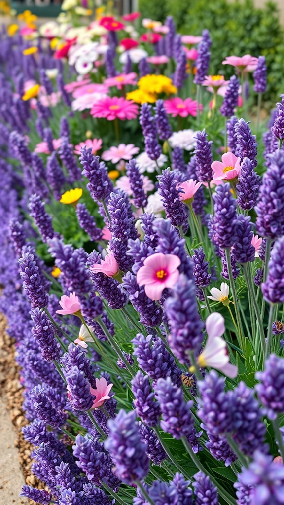 A vibrant flower bed featuring lavender and colorful flowers.