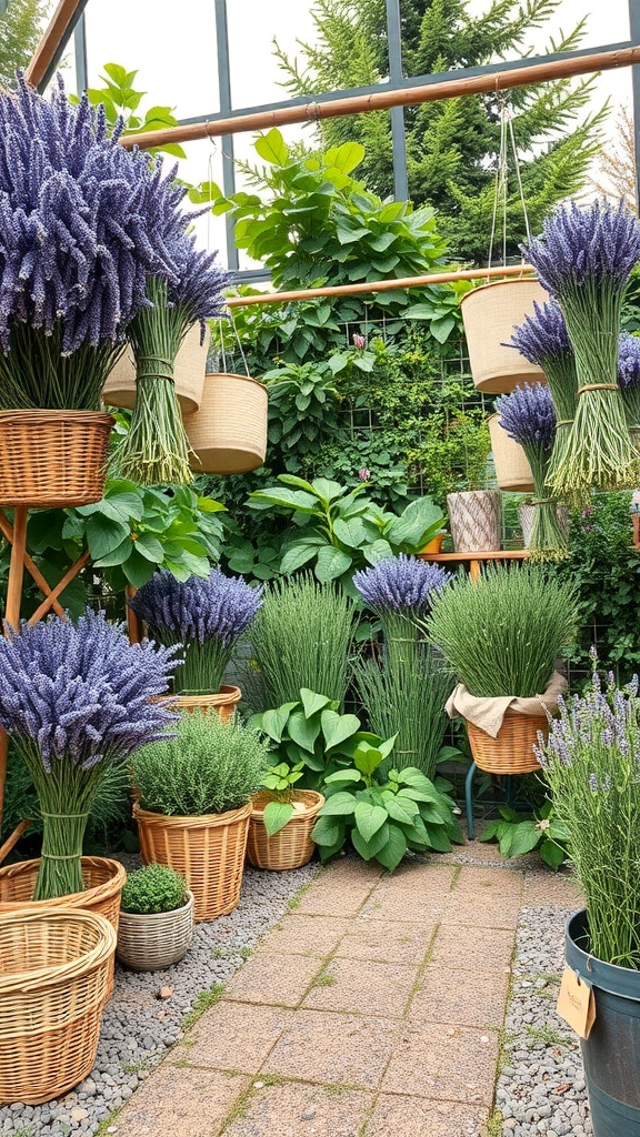 A garden display featuring lavender bunches in baskets and pots, surrounded by greenery.