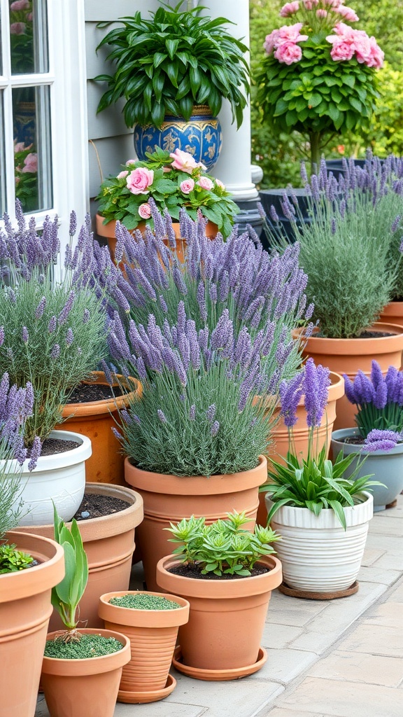 A collection of lavender plants in various terracotta and ceramic pots, alongside pink roses and green foliage, arranged on a patio.