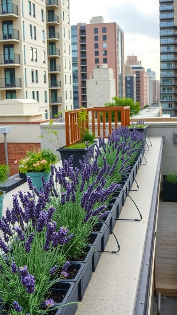 Urban rooftop garden featuring rows of lavender in pots with city buildings in the background.