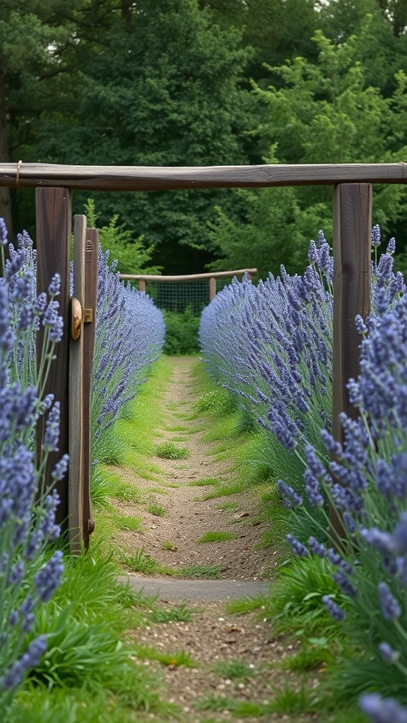 A pathway lined with lavender flowers and rustic wooden fencing.