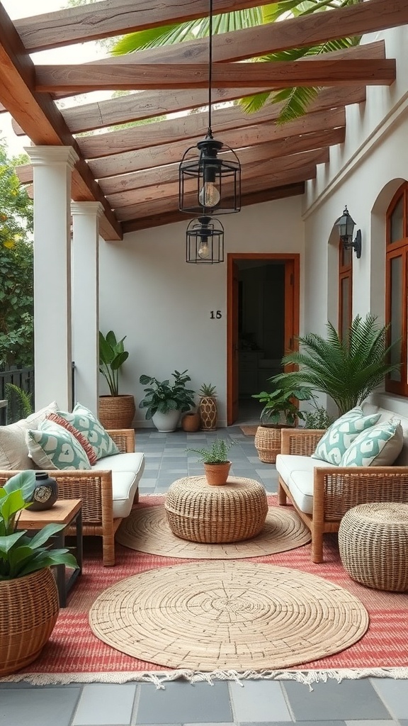A cozy Japandi patio with layered textures, featuring cushioned seating, round rugs, and plants.