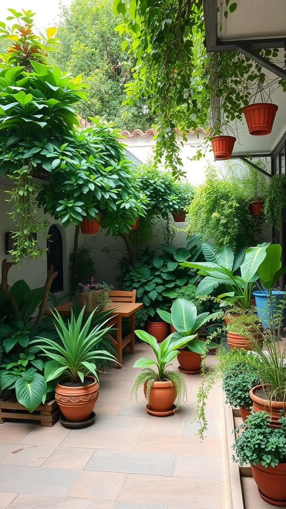 A patio BBQ area filled with various plants and greenery, creating a vibrant and inviting atmosphere.
