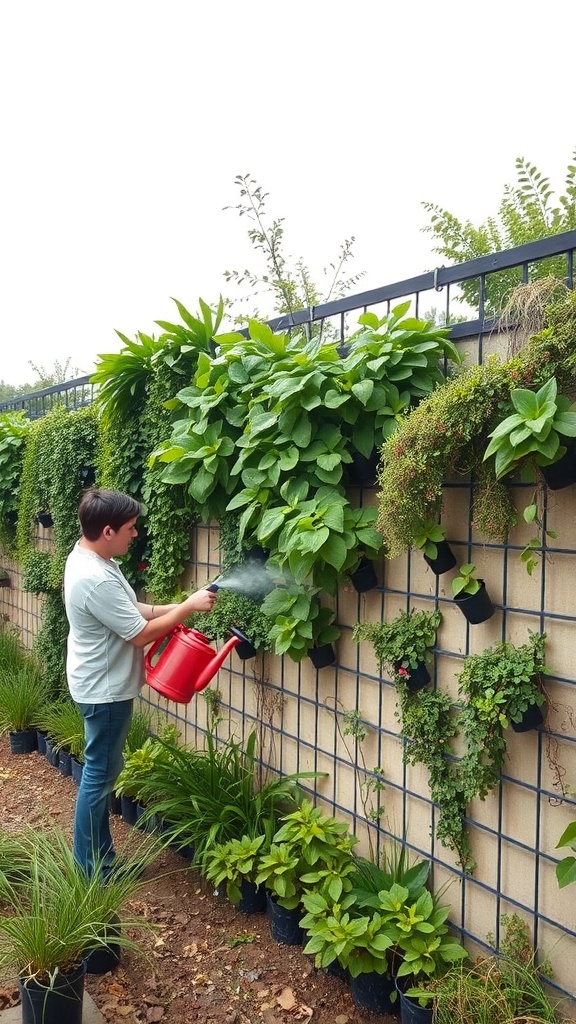 A person watering a vertical herb garden wall filled with various herbs and plants.