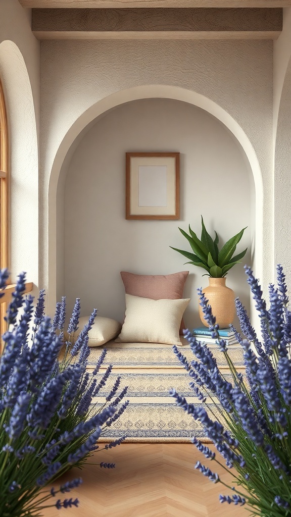 A cozy meditation space with lavender plants, soft pillows, and natural light.