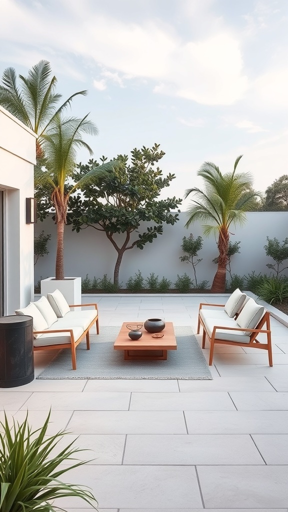 A minimalist patio featuring wooden chairs, a coffee table, and lush greenery.