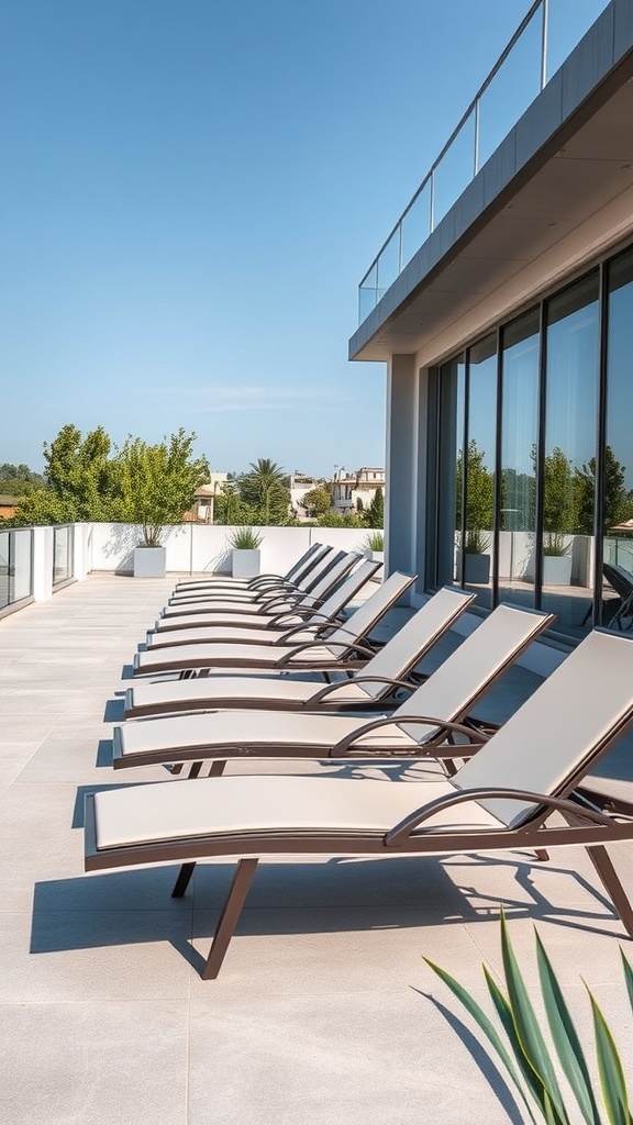 A row of modern lounge chairs on a patio with a clear blue sky.
