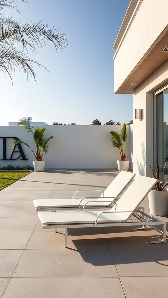 Two modern white lounge chairs on a patio with potted plants and a clear blue sky.