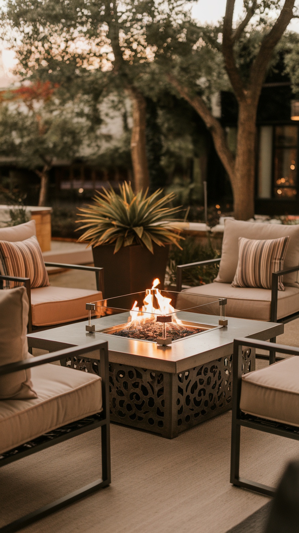 A modern fire pit surrounded by comfortable seating in an outdoor setting.
