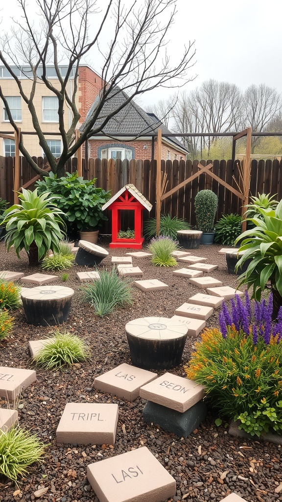 A garden with stepping stones, colorful plants, and a small red playhouse.