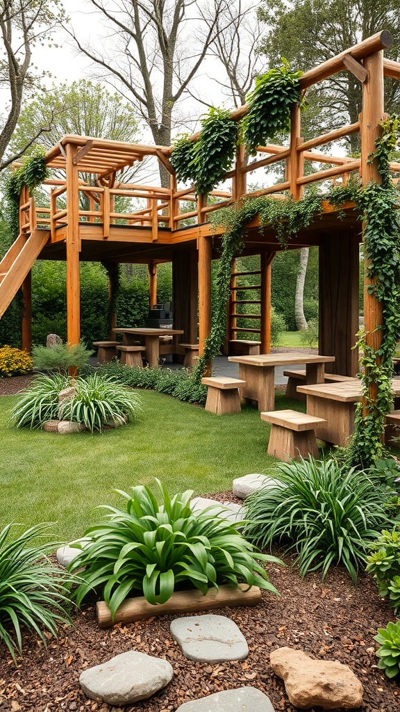 A wooden play structure surrounded by greenery in a garden setting.