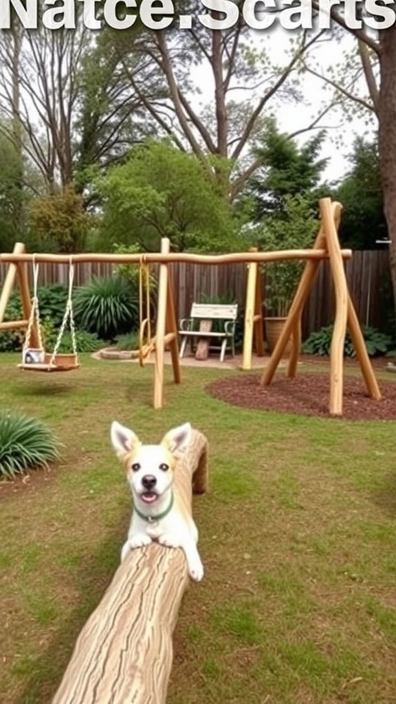 A nature-themed kids play area with wooden swings and a balance beam, surrounded by greenery and a playful dog.