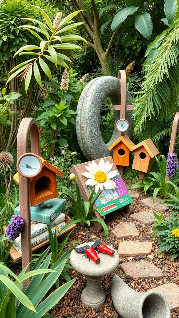 A nature exploration zone featuring birdhouses, books, and playful decorations surrounded by lush greenery.