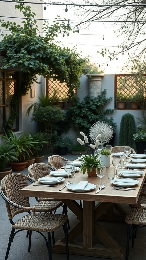 A beautifully arranged outdoor dining table with a wooden table, white plates, and woven chairs surrounded by greenery.