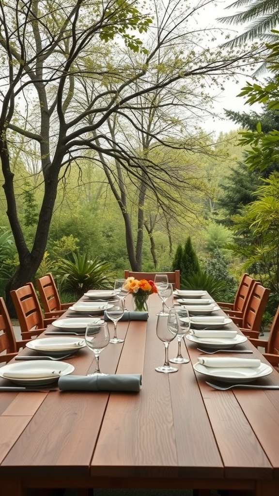 A beautifully set outdoor dining table with a long wooden surface, plates, glasses, and a vase of flowers, surrounded by greenery.