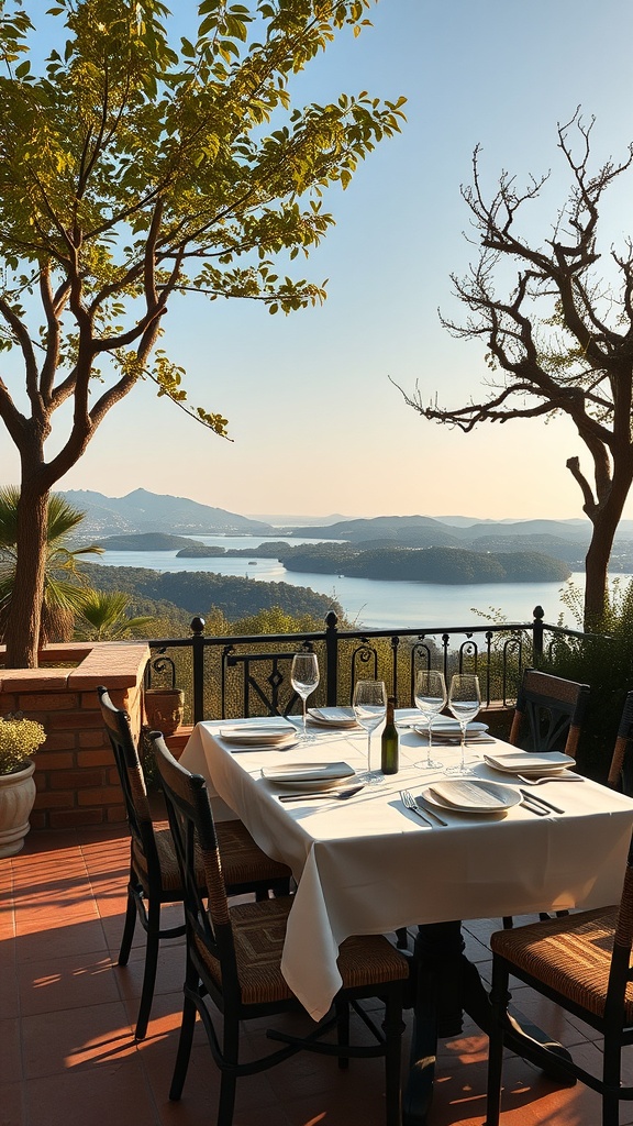 A scenic outdoor dining area with a table set for a meal, overlooking a lake and hills.