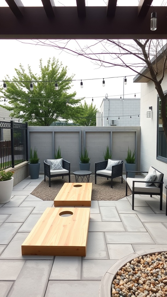 Outdoor games area with cornhole boards and seating