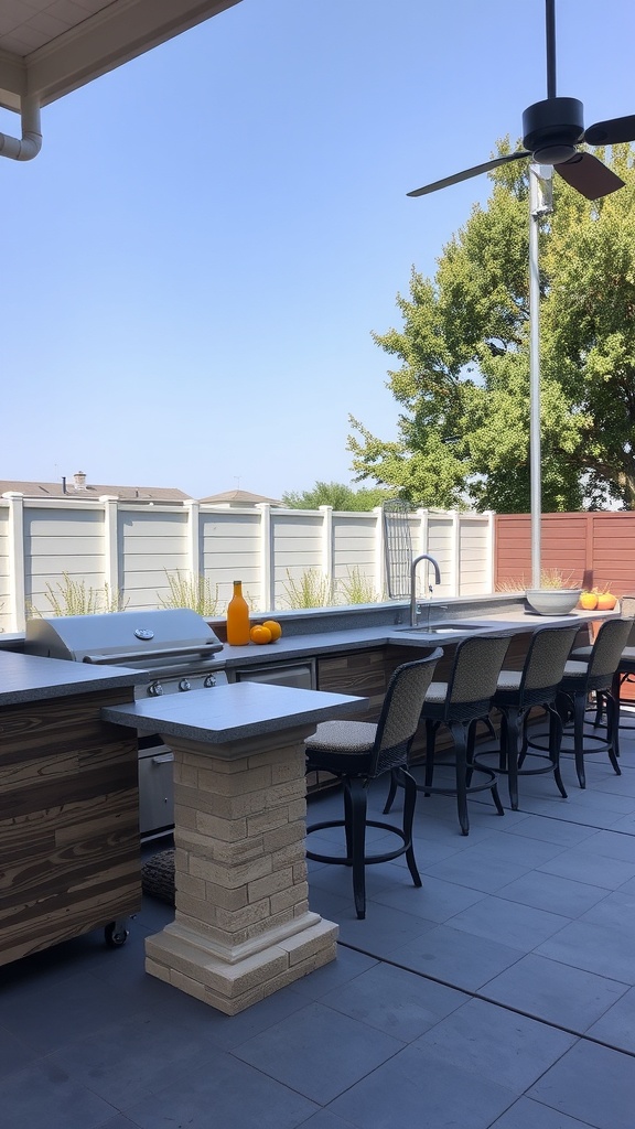An outdoor kitchen area featuring a grill, countertop, and seating with a clear blue sky in the background.