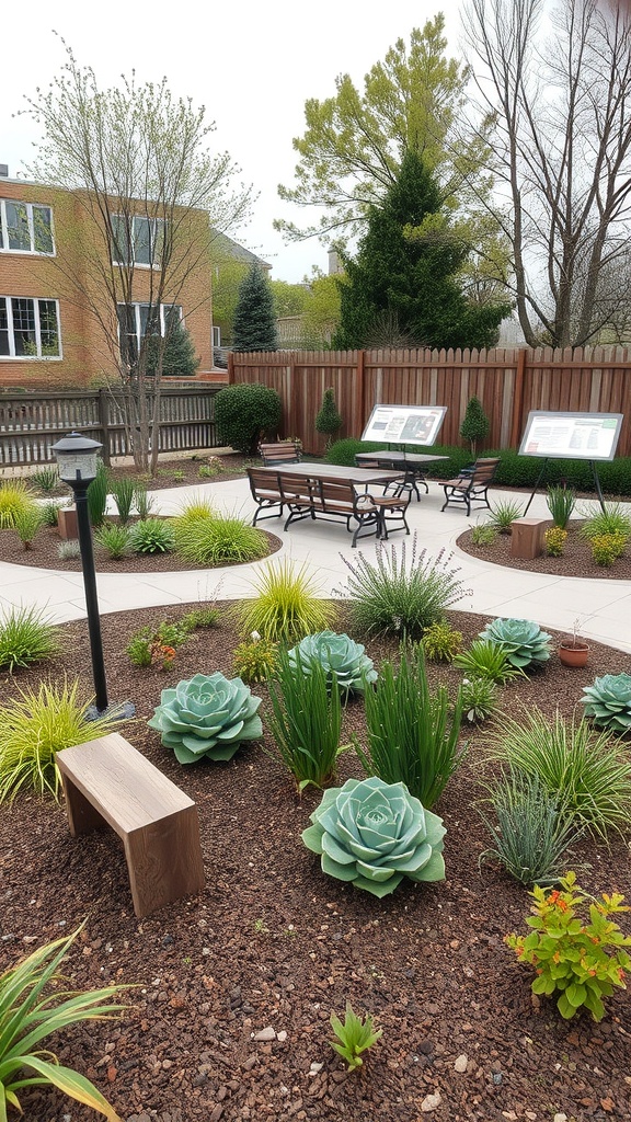 A garden with seating areas and various plants, designed for outdoor learning.