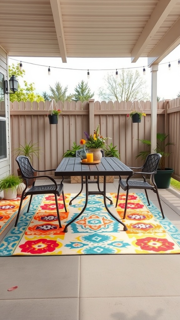 Colorful outdoor rug on a patio with a table and chairs