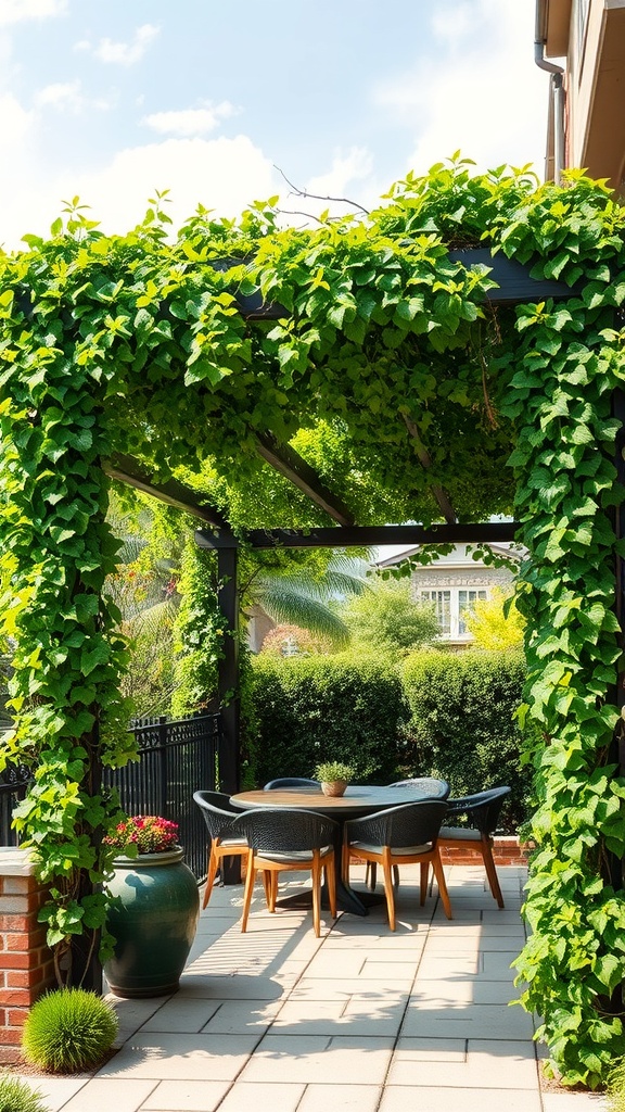 A beautiful pergola covered with climbing vines, featuring a dining table and chairs on a patio.