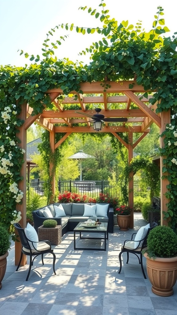 A beautiful pergola with climbing vines over a cozy seating area featuring a sectional sofa and potted plants.