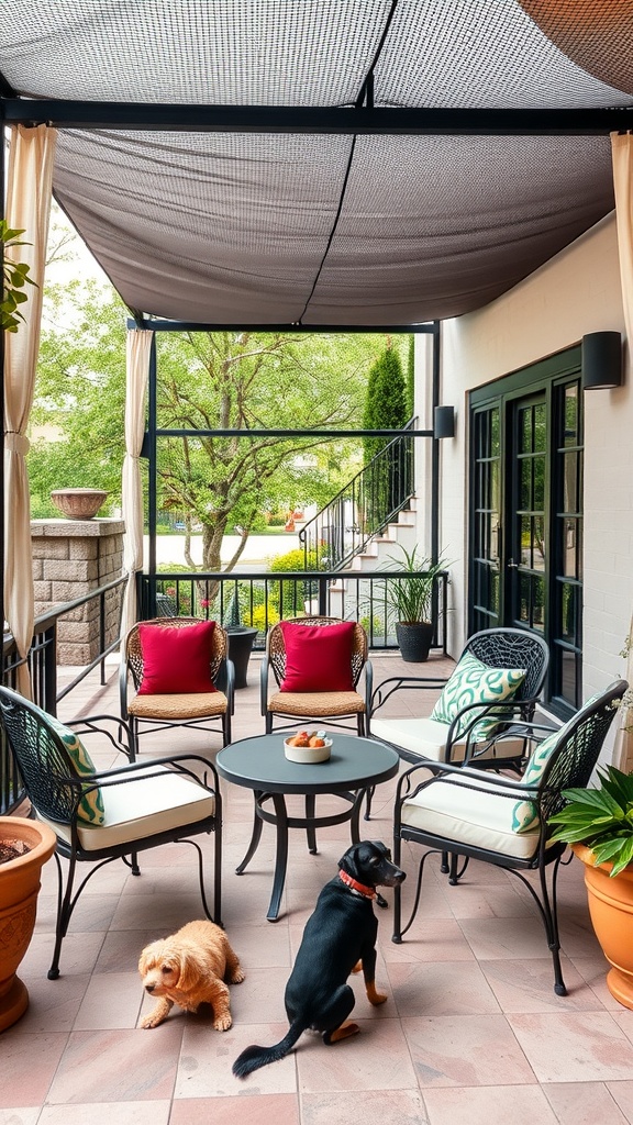 A pet-friendly patio setup with comfortable seating, a round table, and two dogs relaxing on the floor.
