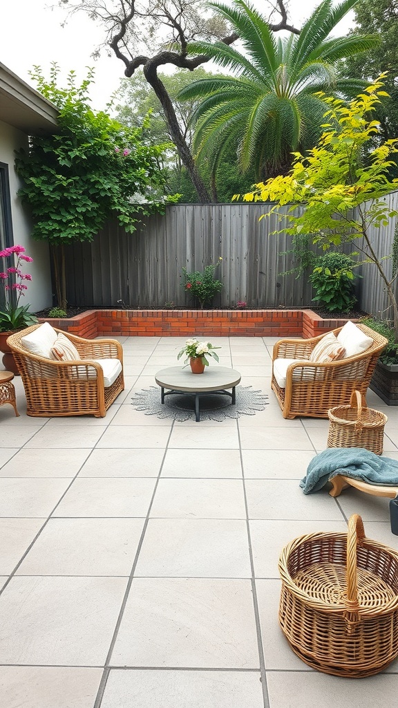 A cozy patio setup featuring wicker chairs, a round table, and greenery, creating a picnic-style atmosphere.