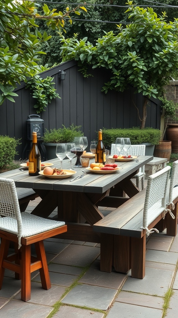 A picnic table set for casual dining outdoors with food and drinks.