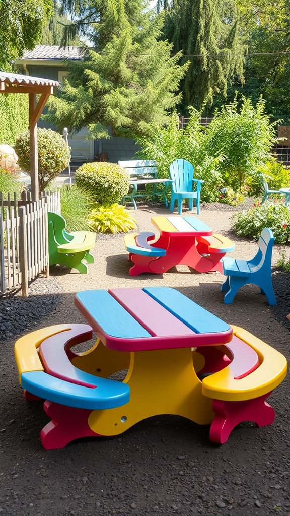 Colorful garden furniture for kids, including a picnic table and chairs in vibrant colors, surrounded by greenery.