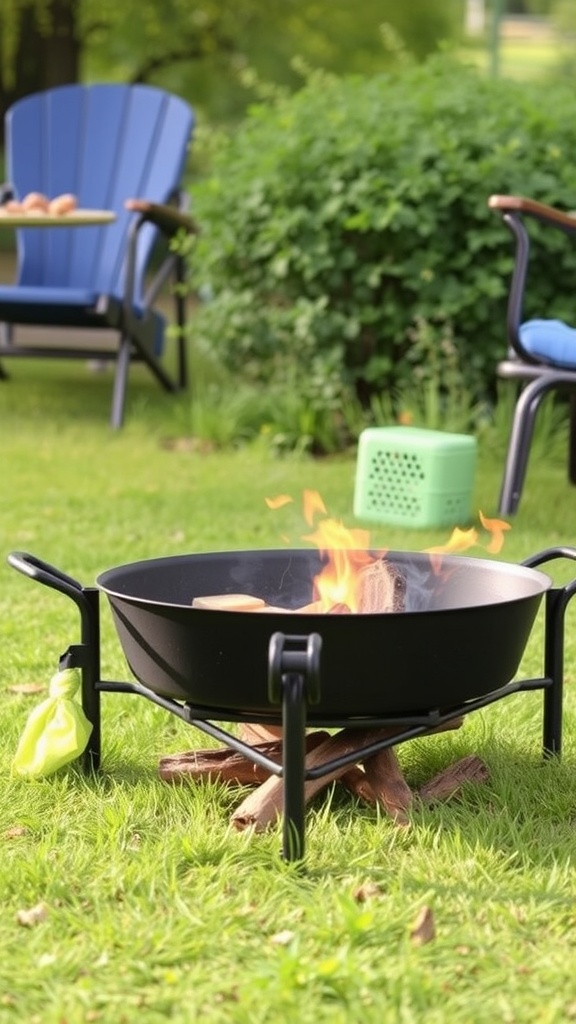 A group of friends gathered around a portable fire pit, enjoying a warm fire in a natural setting.