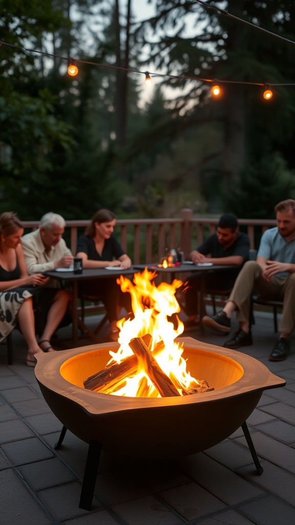 A group of people gathered around a modern portable fire pit with flames and logs, surrounded by stones.