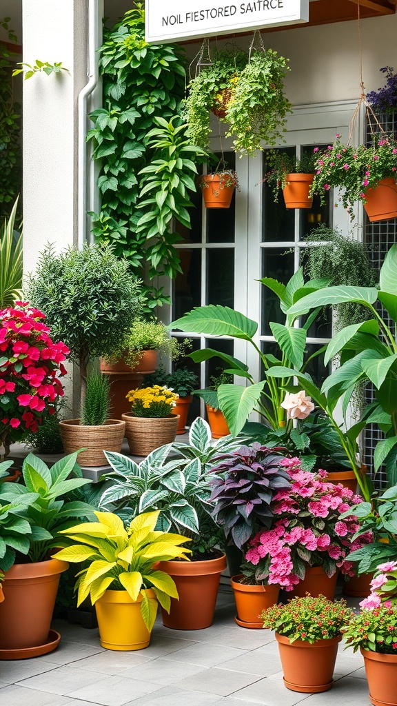 A vibrant display of potted plants on a patio, featuring colorful flowers and lush greenery.