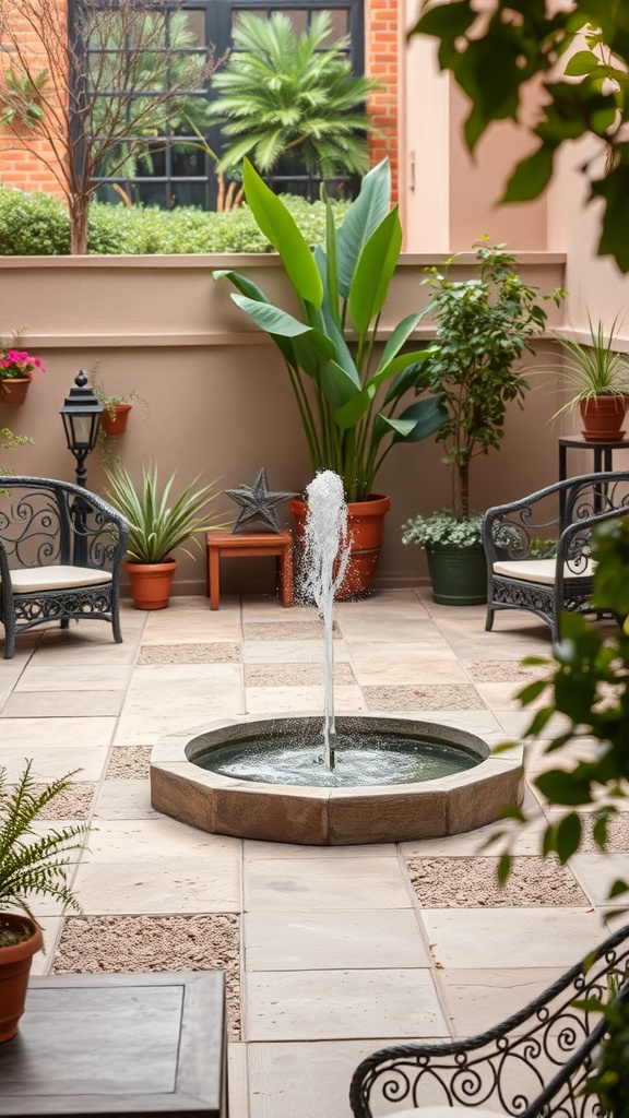 A cozy patio featuring a fountain surrounded by plants and seating.