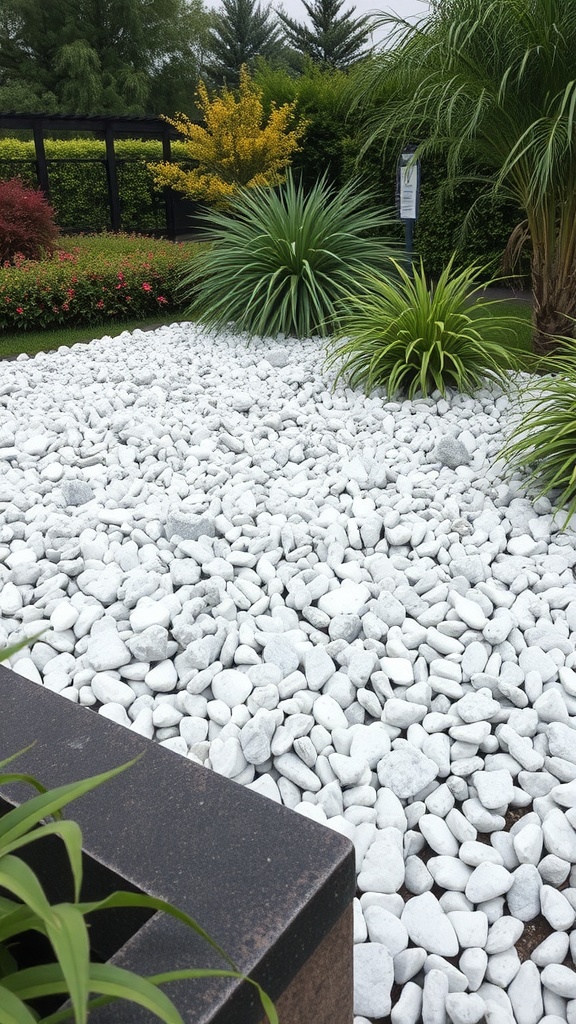 A garden bed featuring white stone mulch with green plants.