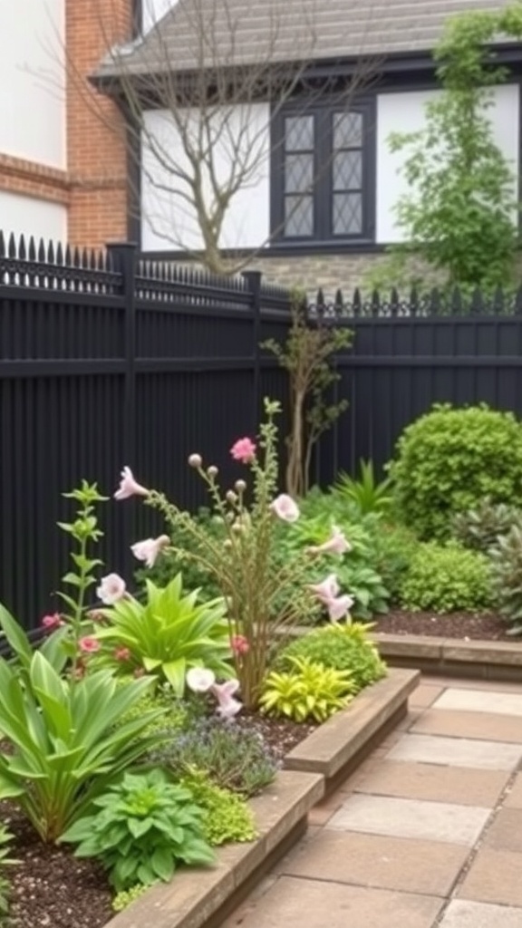 A garden with a black fence, featuring colorful flowers and lush greenery.