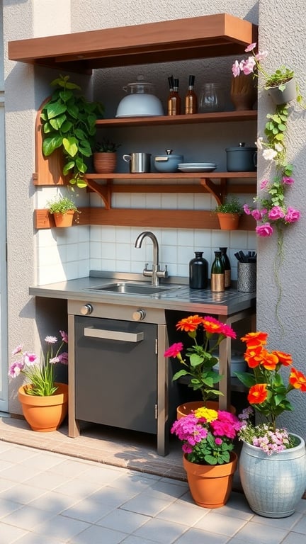 Compact outdoor kitchen with a foldable sink, shelves, and colorful flowers in pots.