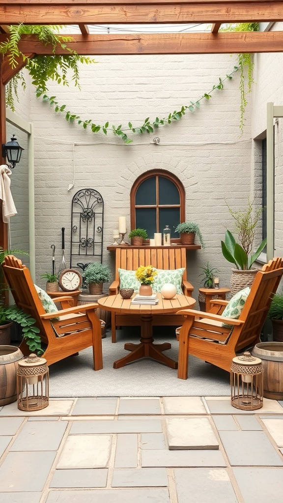 A cozy patio featuring rustic wooden furniture, including two chairs and a round table, surrounded by plants and decorative items.