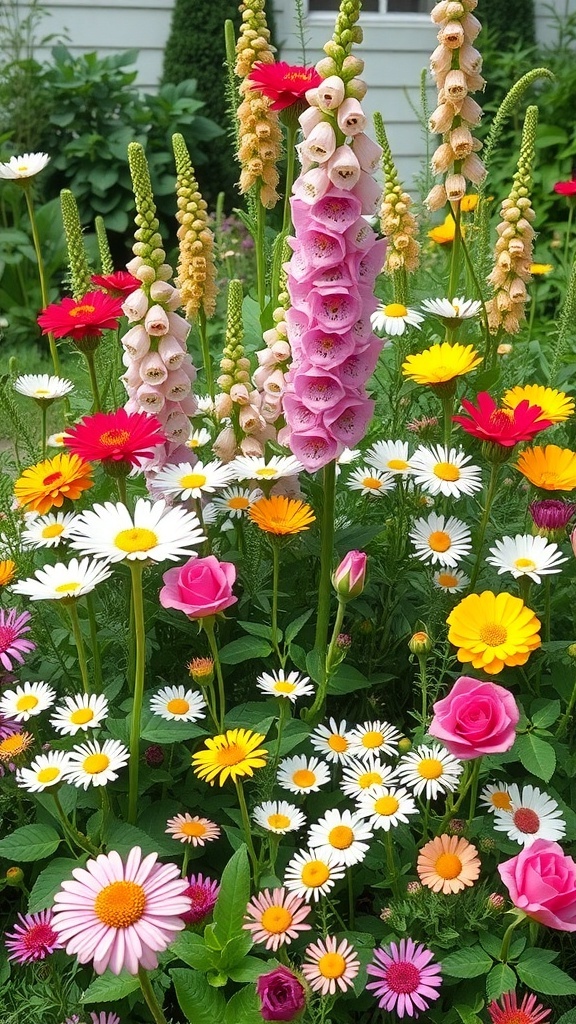 A vibrant cottage flower garden featuring daisies, roses, and foxgloves in various colors.