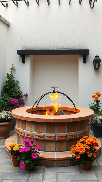 A Mediterranean style fire pit surrounded by colorful flowers, creating a cozy outdoor atmosphere.