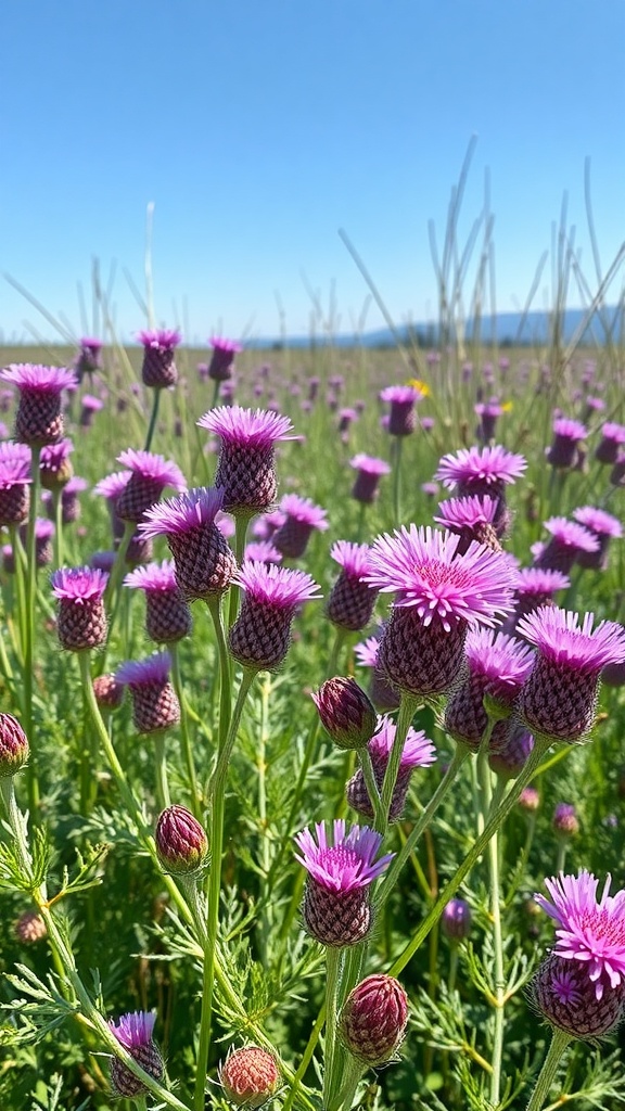 Field of purple flowering yarrow with green foliage under a clear blue sky