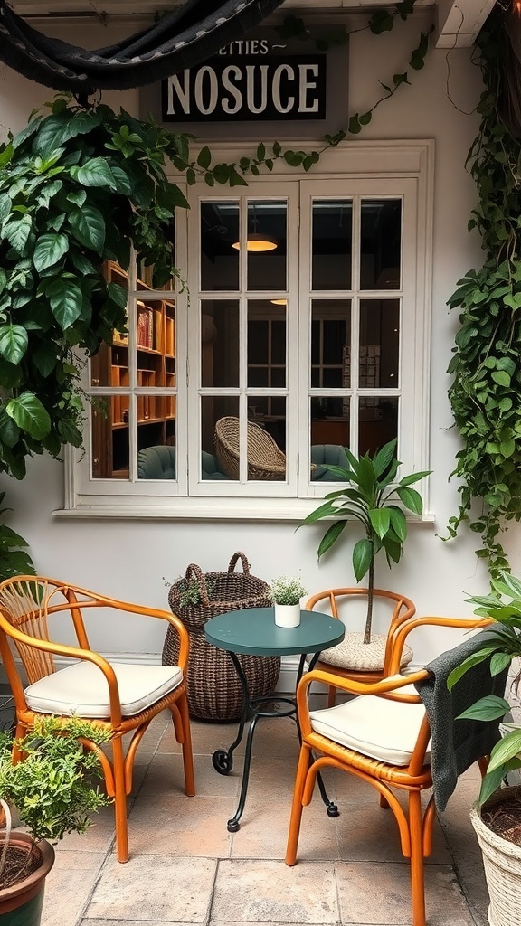 Cozy outdoor seating area with orange chairs, a small table, and greenery.