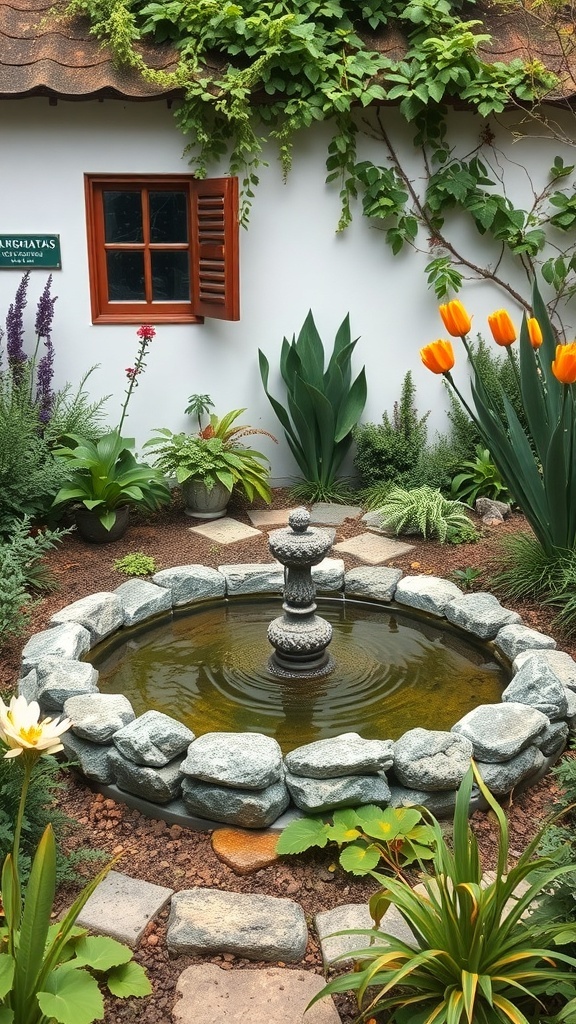 A small garden with a stone fountain surrounded by various plants and flowers.